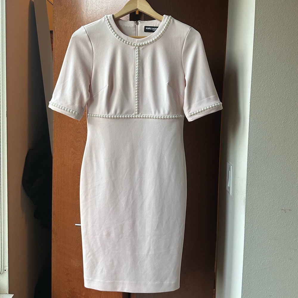 Karl Lagerfeld Blush Pink Pearl Trimmed Knee-Length A-Line Dress